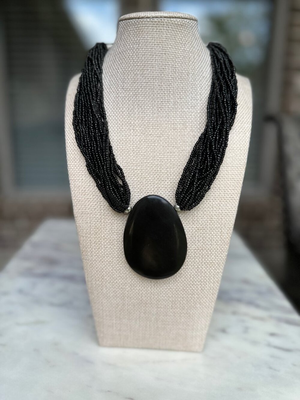 Chunky Statement Necklace Black Seed Beads Beaded Multi Strands Center Medallion